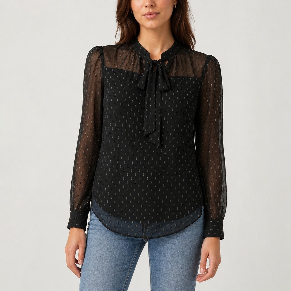 Veronica Beard‎ Women's 2 Black Metallic Clip Dot Tie Neck Sheer Blouse